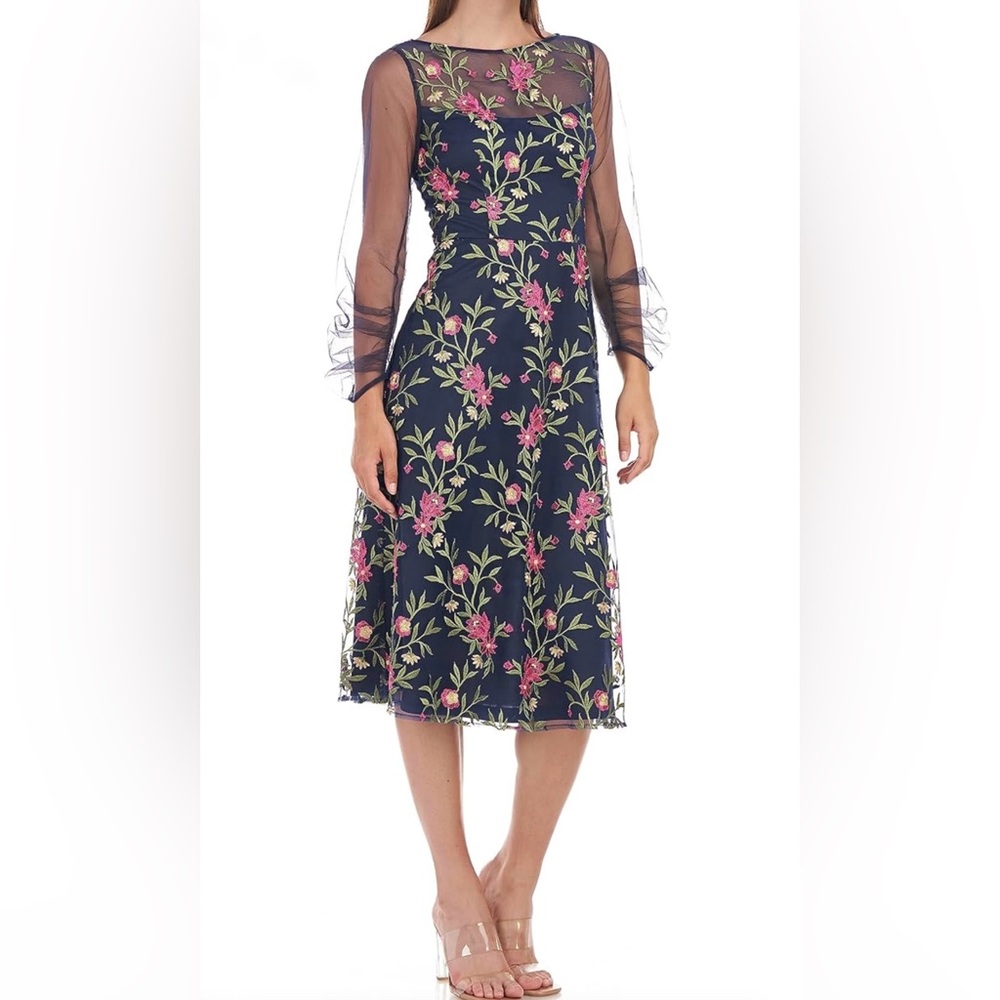 New JS Collections Evelyn Embroidered Illusion Midi Dress  Navy Sz 14